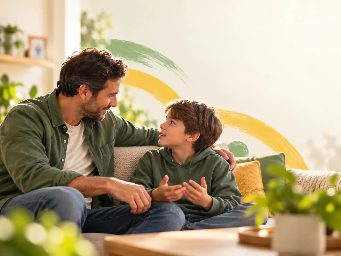 Padre e hijo conversando en casa sobre una situación difícil
